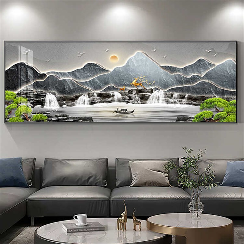 客厅装饰画新中式中堂沙发背景墙挂画山水画茶室横幅壁画