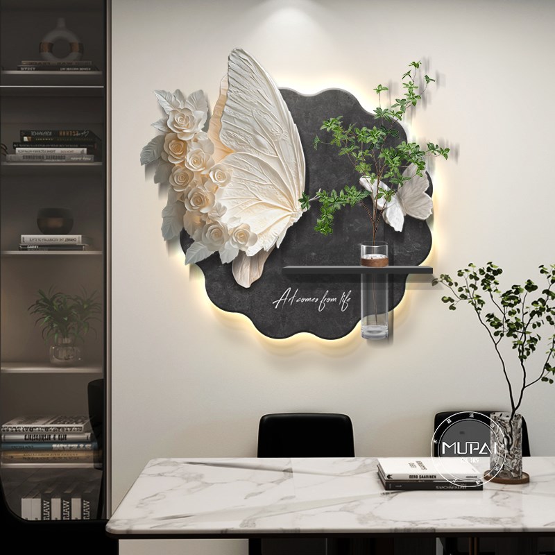 水培绿植餐厅装饰画轻奢高级感蝴蝶立体壁画灯光画饭厅背景墙挂画