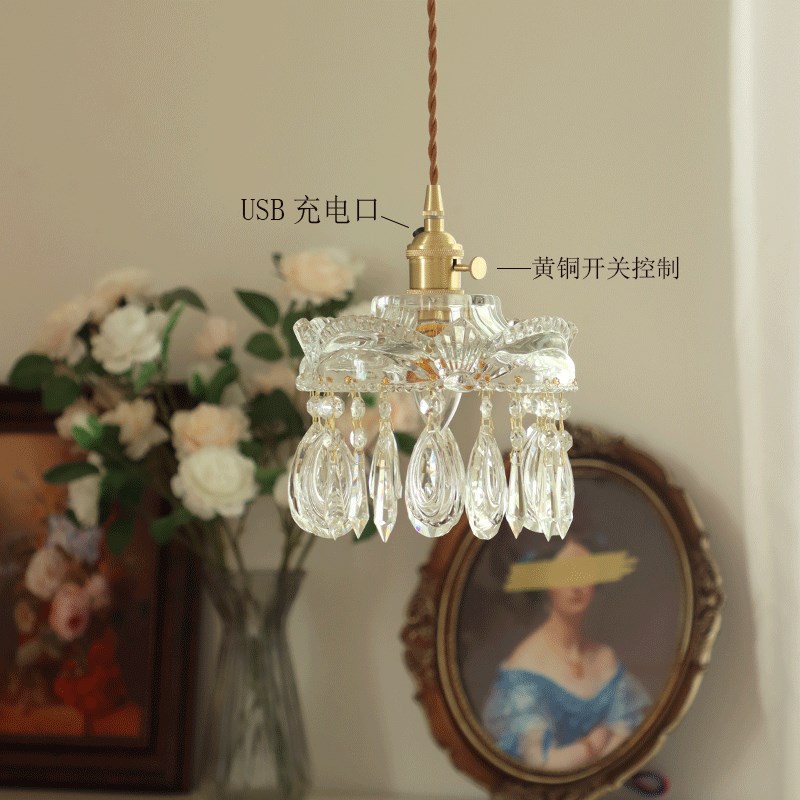 法式轻奢水晶小吊灯现代简约吧台灯免布线充电款卧室床头黄铜吊灯