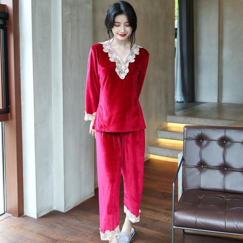 金丝绒睡衣女士春秋款套装喜庆红色本命年结婚新婚冬季大尺码家居