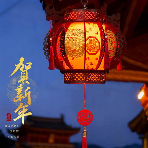 过新年灯笼圆形中式古风木质旋转宫灯春节阳台大门口仿古灯笼吊灯