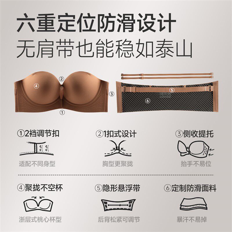 无肩带内衣女双前扣小胸防滑聚拢加厚显大隐形抹胸裹胸文胸罩夏天