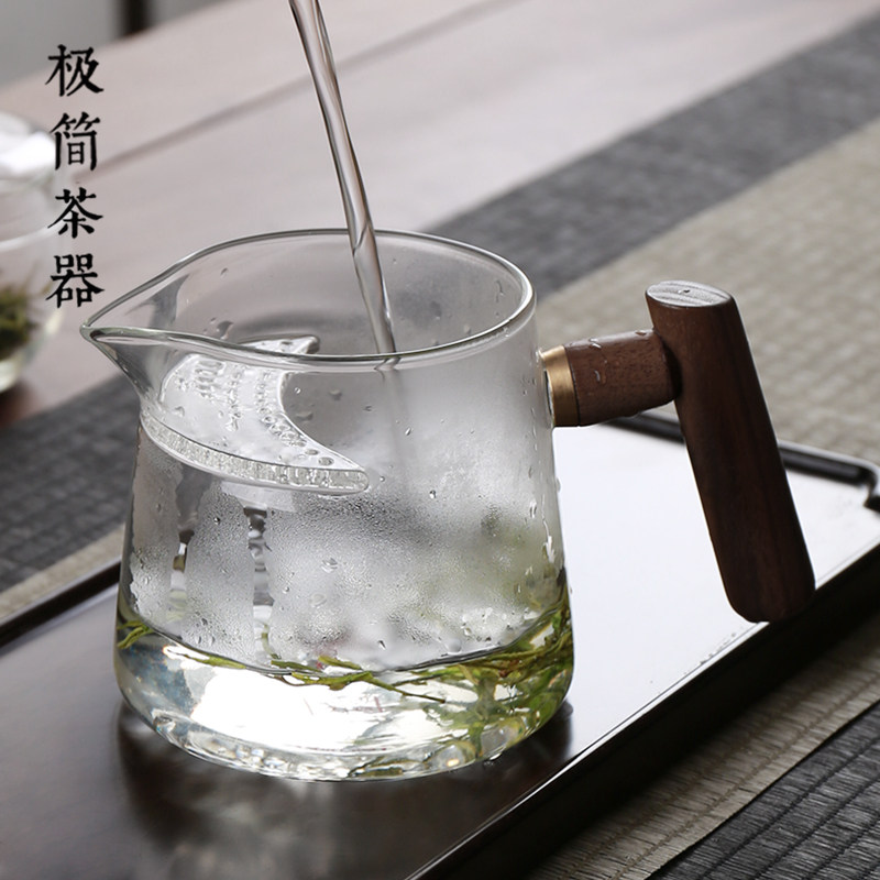 加厚耐热月牙片自带过滤网一体玻璃泡绿茶杯分茶器茶水分离公道杯