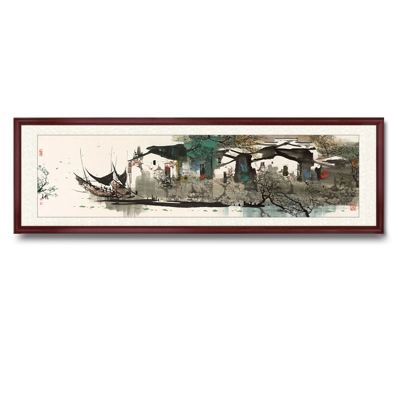 江南水乡风景国画办公装饰画水村风情图中式宣纸山水画挂画水墨画