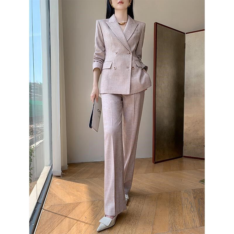 粉色西装套装女2025新款春季轻奢高级感阔腿裤职业主持人西服外套