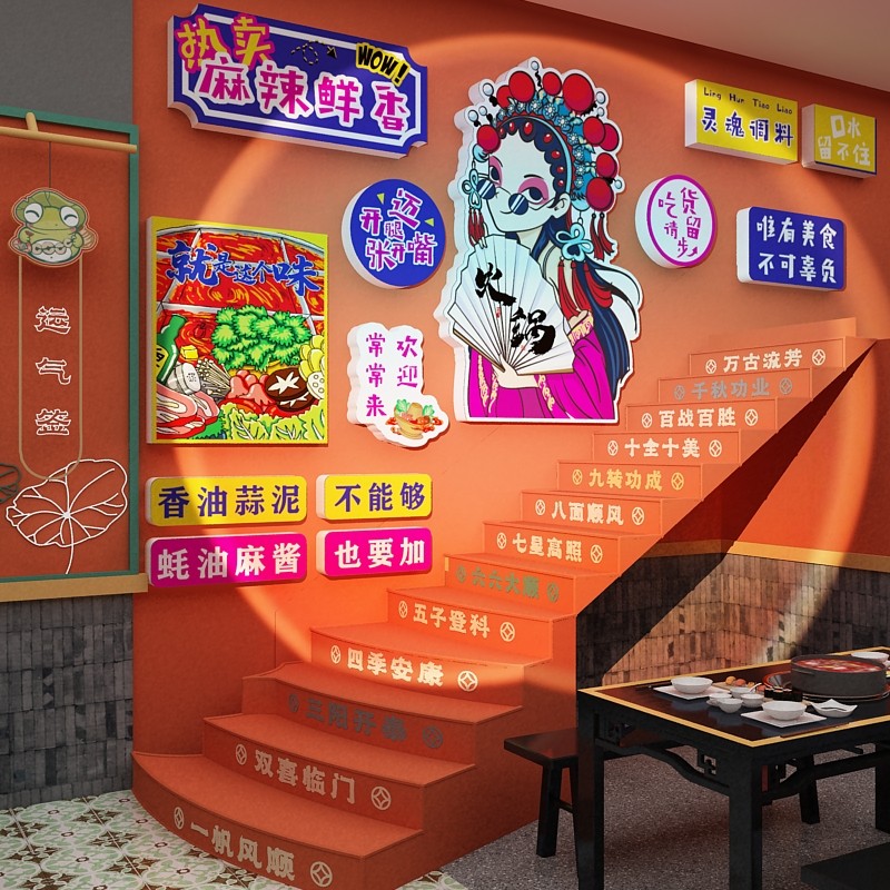 国潮重庆火锅店墙面装饰川菜冒菜麻辣烫饭店背景京剧脸谱墙贴纸画