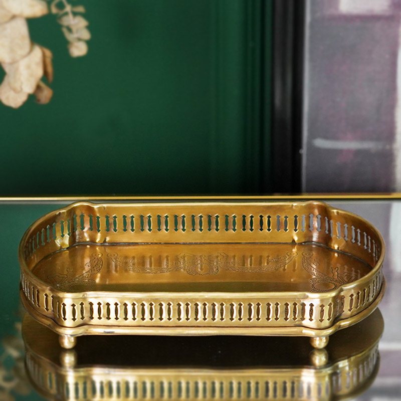 费灵家居欧式美式黄铜雕花长形收纳小托盘糖果盘干果盘桌面首饰盘