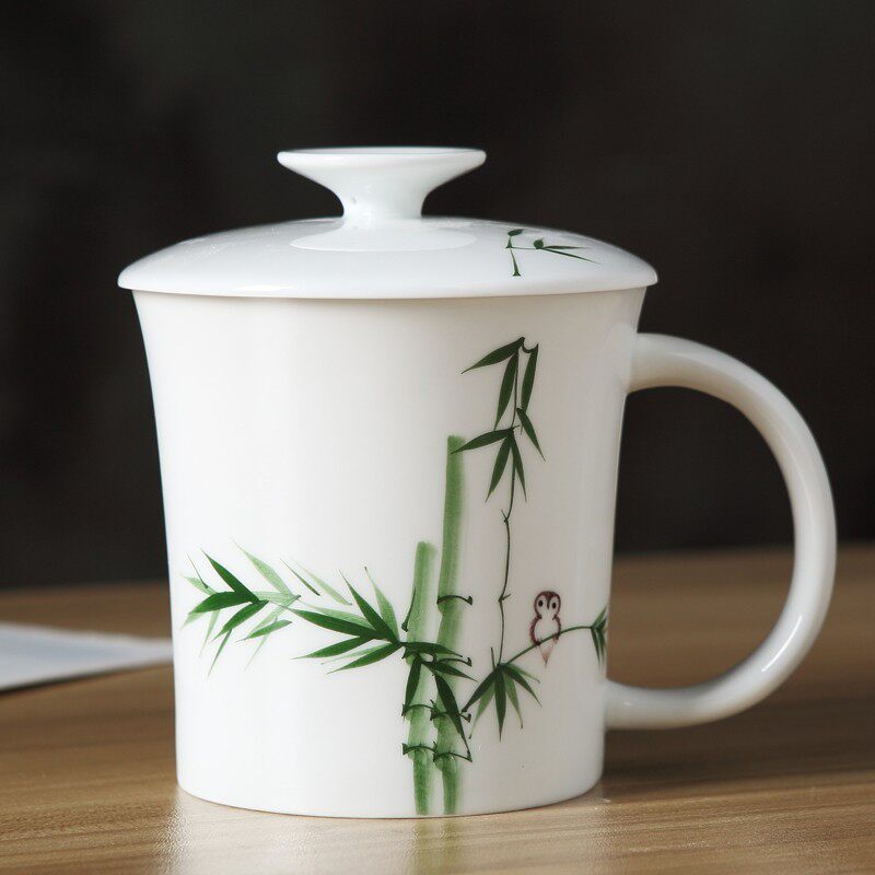 景德镇手绘茶杯梅兰竹菊泡茶杯清新陶瓷家用办公马克杯水杯带过滤