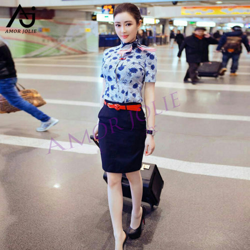 东航空姐制服职业装女秋季衬衫青花瓷衬衣酒店前台工装售楼工作服