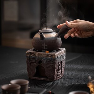 圭隐堂手工粗陶鎏金围炉煮茶壶侧把壶家用复古煮茶炉酒精炉温茶炉