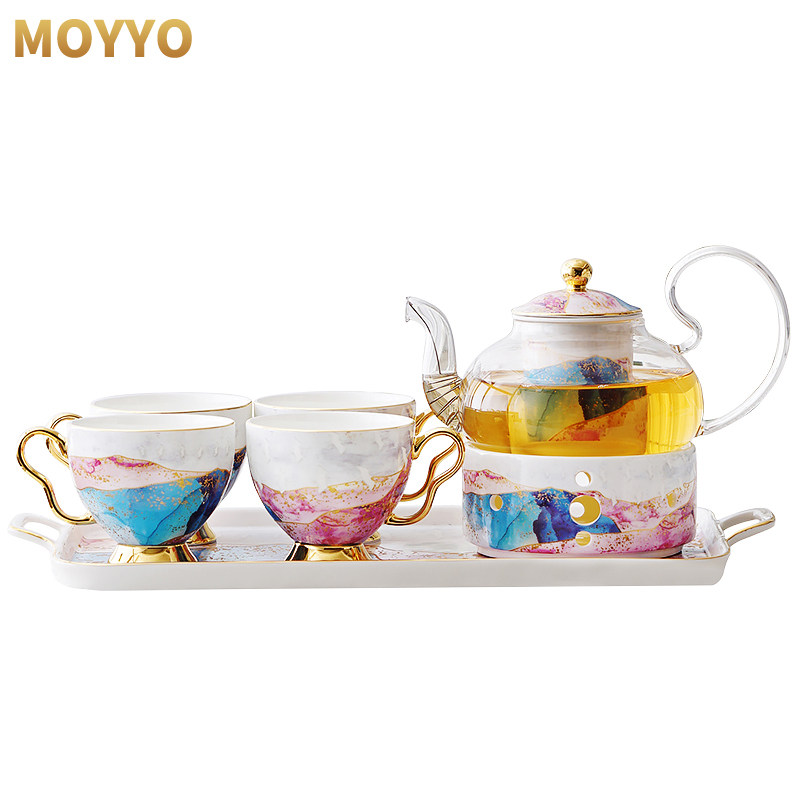 moyyo英式陶瓷玻璃花茶杯套装下午茶茶具水果茶壶带过滤蜡烛加热