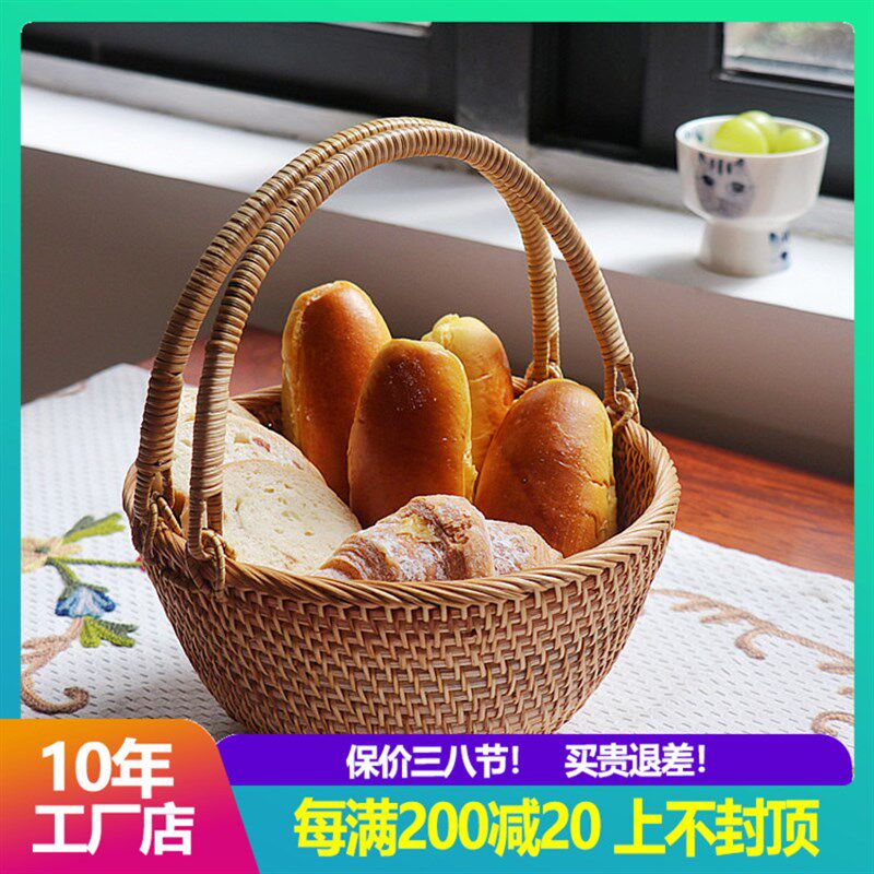 越南手工藤编手提水果面包点心篮野餐篮子鸡蛋馒头筐草莓采摘篮