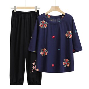 老人家衣服奶奶夏季新款中老年大码女装T恤衫套装妈妈洋气上衣潮