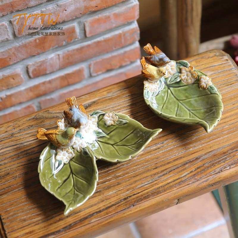 欧式家居饰品小鸟绿叶陶瓷菸灰缸装饰盘子果碟瓜子碟时尚艺术摆件