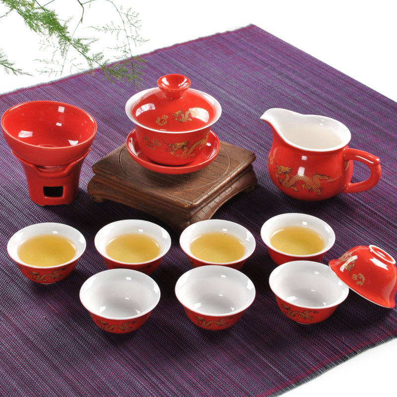 黄红黑金龙茶具套装整套茶具骨瓷杯碗陶瓷功夫茶杯零配件男茶杯海