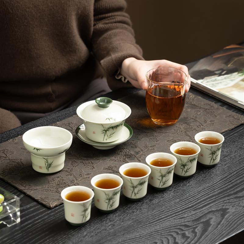 新中式手绘竹子陶瓷三才盖碗茶碗茶具套装家用轻奢茶杯礼盒装送礼