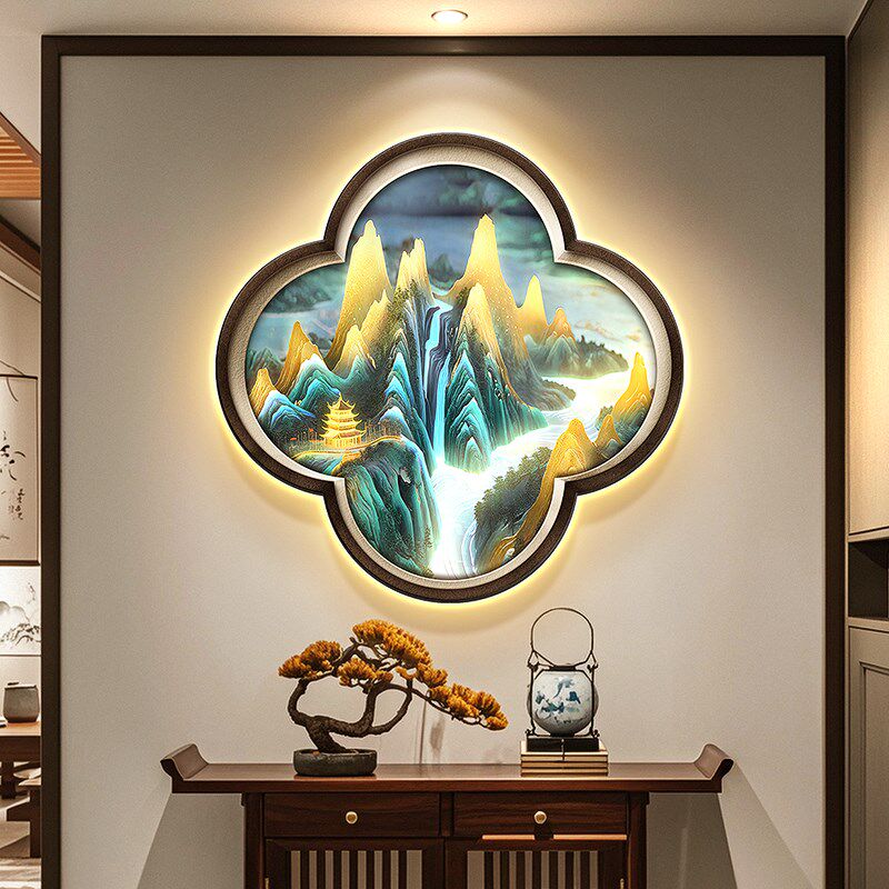 千里江山图玄关装饰画新中式梅花形走廊挂画假窗户入户门带灯壁画