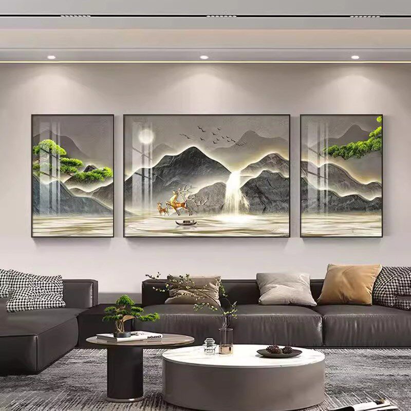 轻奢客厅钻石画2024新款大气背有靠山三联画高级感5D水晶钻十字绣