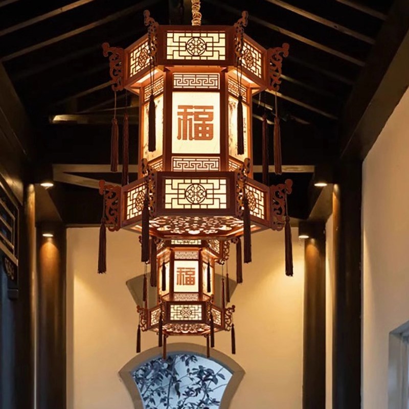 中式吊灯实木饭厅阳台灯具彷古长廊茶楼饭店祠堂红灯笼羊皮灯门口