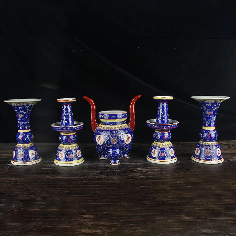 五贡陶瓷供佛寺庙祠堂万寿无疆粉彩手绘花瓶烛台香炉桌面用品摆件