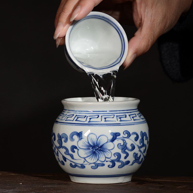 景德镇 手绘青花瓷 缠枝莲复古陶瓷小水盂  茶具茶道  水洗 建水