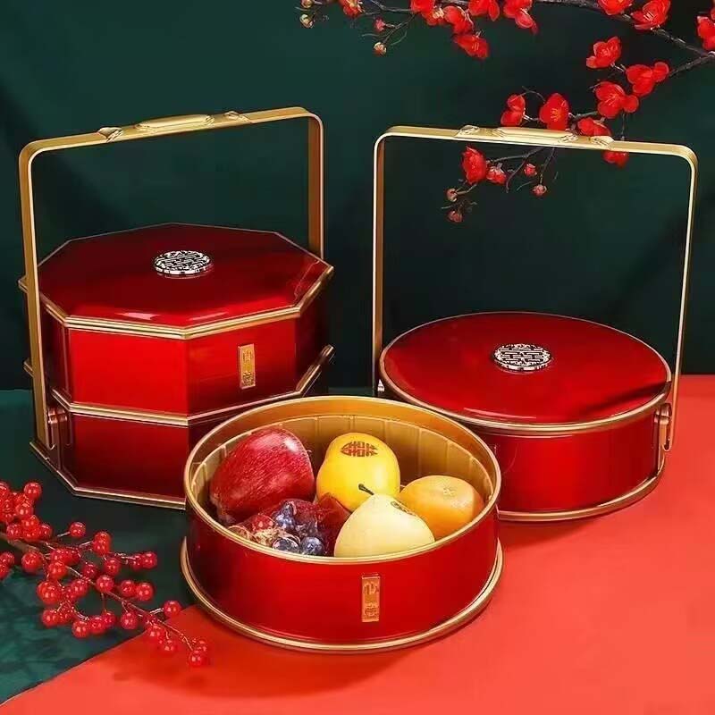结婚手提食盒双层带盖子铁盒礼品盒单层三层喜庆红色新郎新娘水饺