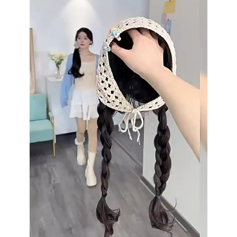 三角头巾假发一体女生夏天发箍款全头套式时尚仿全真长卷发高颅顶