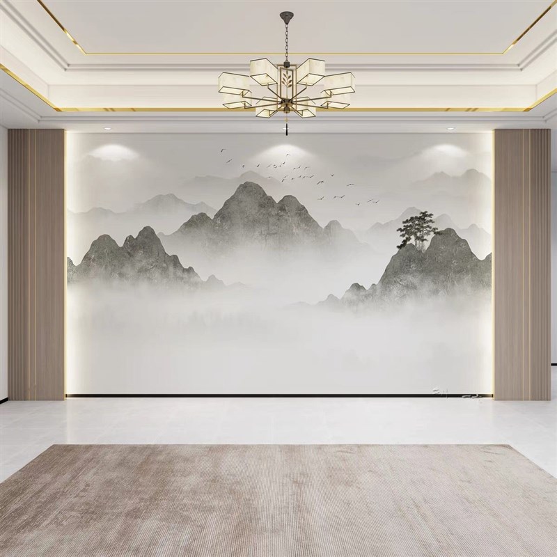岩板电视背景墙简约山水微晶石瓷砖石材客厅会议室沙发影视墙定制