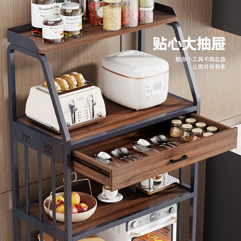 实木厨房置物架落地多层微波炉烤箱多功能家用餐边柜带门收纳橱柜