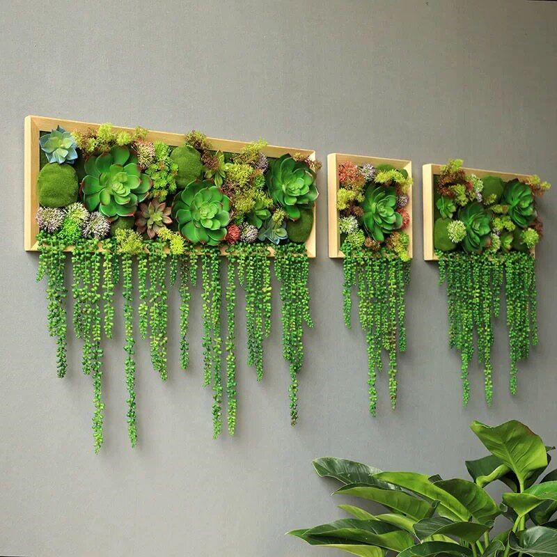 彷真绿色植物壁挂客厅墙面饭厅多肉植物挂饰壁饰花艺框组合壁饰装