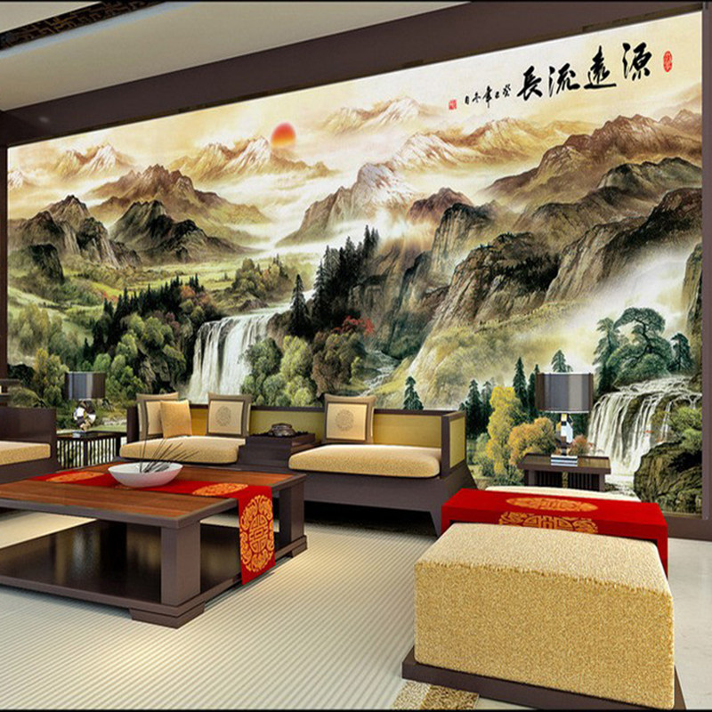 8D中式电视背景墙布客厅办公室立体山水风景国画墙纸无缝装饰壁画