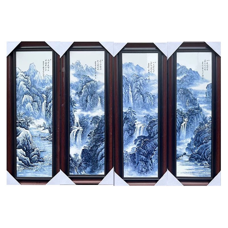 中式景德镇陶瓷手绘瓷板画四条挂屏现代装饰画实木框客厅背景挂画