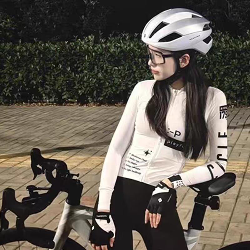 红书爆款自行车长袖骑行服白色男女速干透气公路车上衣吸汗速干服