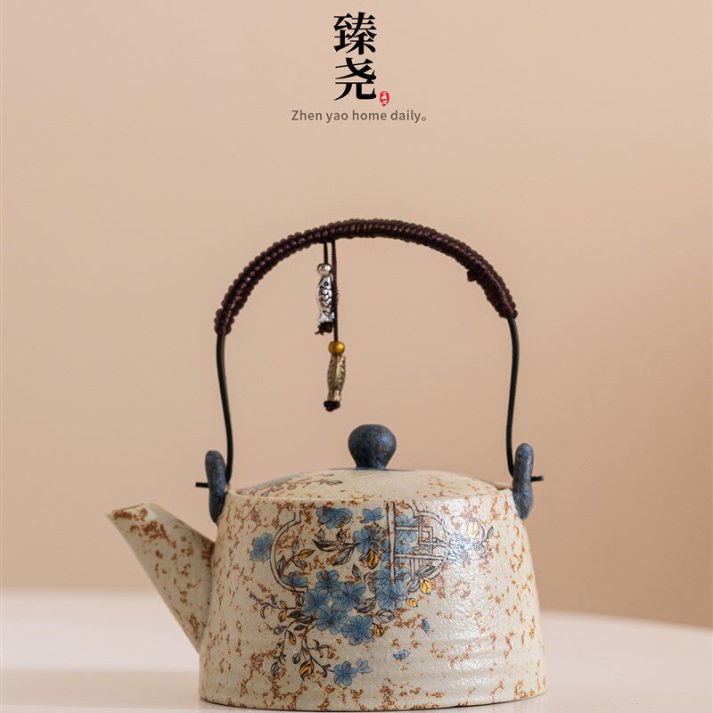 青花火石红陶瓷提梁壶家用覆古泡茶壶茶具配件过滤茶壶送礼礼盒