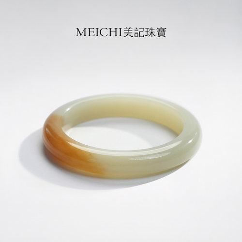 美记珠宝天然新疆和田玉糖白玉手镯带证书礼盒装正品高级玉镯送礼