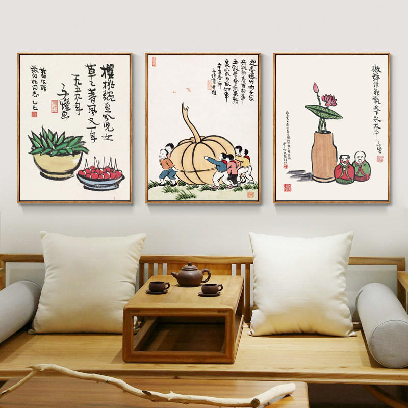 丰子恺装饰画书房挂画茶楼茶室壁画新中式客厅背景墙壁玄关禅意画