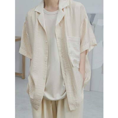 衣疫 2色.中古灰/奶油色复古炒色纹理感双层纱撞色领拼接短袖衬衫