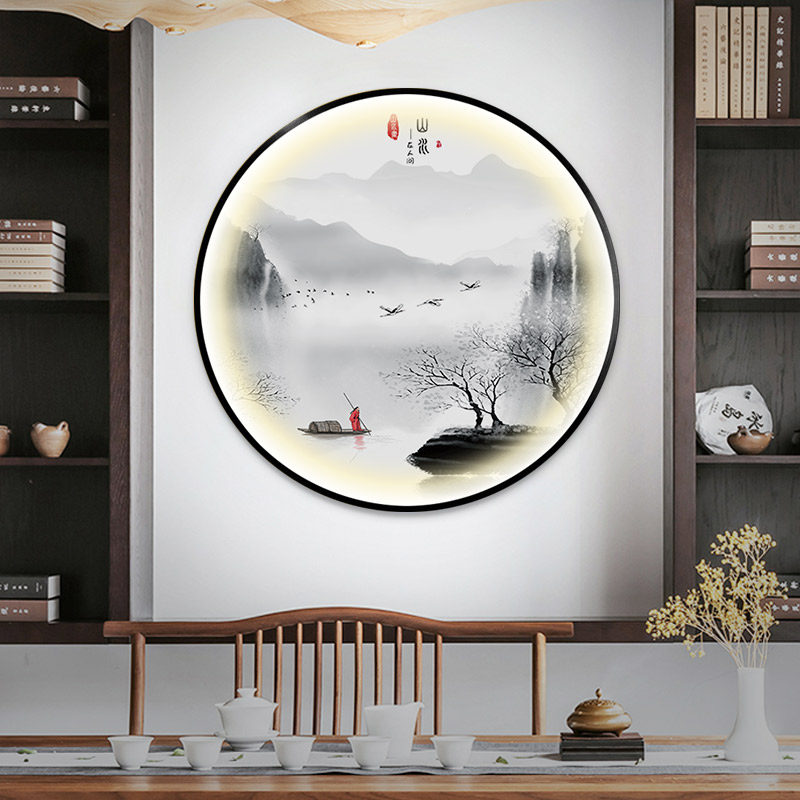 夜光装饰画新中式山水风景餐厅玄关发光轻奢晶瓷画圆形壁画带灯画