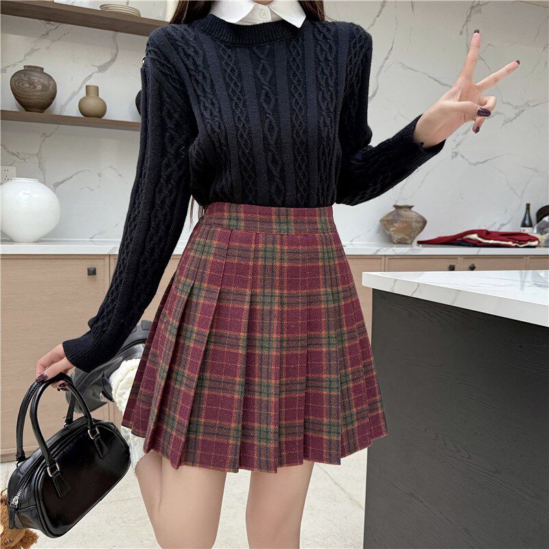 复古毛呢短裙百褶裙格子半身裙女秋冬季大码防走光内衬打底小裙子
