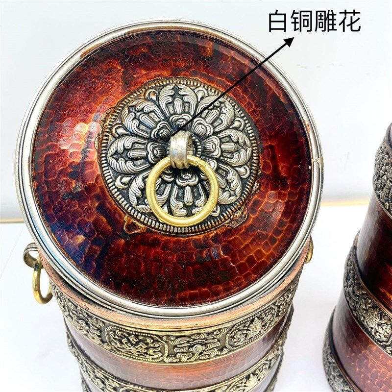 尼泊尔手工纯铜酥油茶桶打奶桶白铜雕花打茶桶家居摆件家用新款