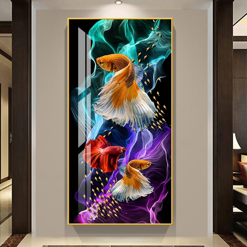 网红九鱼图楼梯玄关装饰画竖版九龙鱼挂画走廊走道玄幻入户过道壁