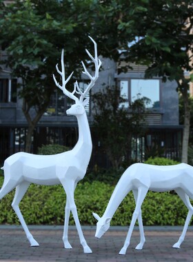 户外玻璃钢抽象块面梅花鹿雕塑写字楼营销中心中庭草坪装饰品摆件