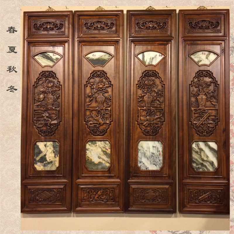 东阳木雕大理石画挂屏新中式挂件客厅沙发背景 香樟木雕刻四条屏