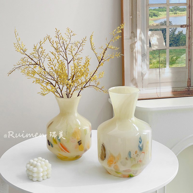 中古风玻璃花瓶创意奶玉色水养插花鲜花客厅装饰艺术摆件琉璃花器