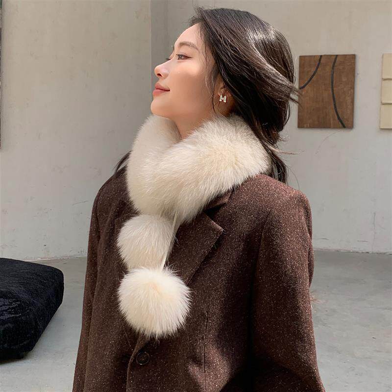双面真毛皮草围巾狐狸毛配獭兔内里保暖百搭大毛球围脖女双球款
