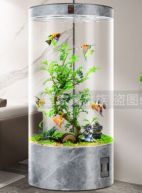 客厅圆柱形鱼缸2023新款中大型全圆玻璃水族箱智能家用落地金鱼缸