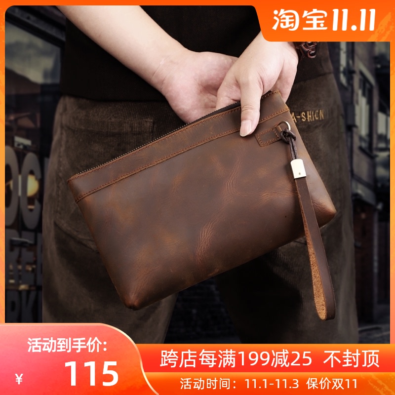 头层牛皮男包新款时尚手包男真皮休闲手抓包疯马皮复古手拿信封包