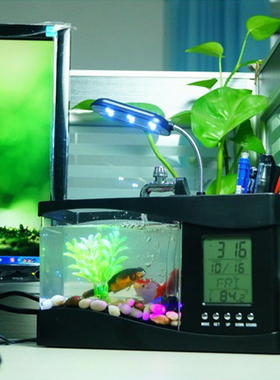 桌面迷你小鱼缸水族箱电脑办公桌创意笔筒鱼缸带台灯电子数字时钟