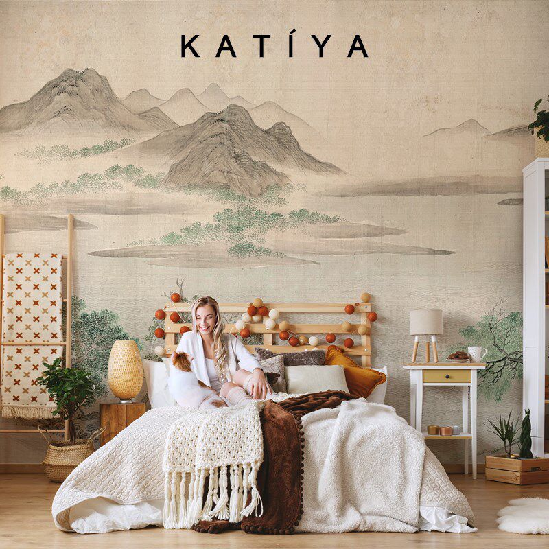 Katiya新中式湖山春暖图电视背景墙壁纸手绘复古墙布宋代美学壁画