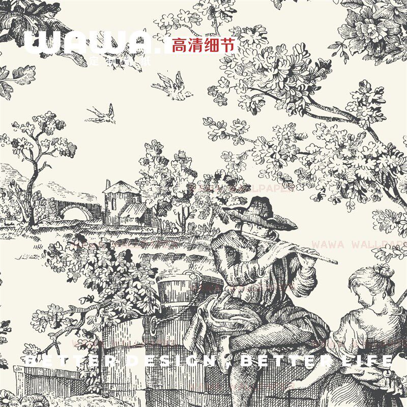 复古典人物壁纸法式朱伊纹样壁纸沙发背景墙纸北欧壁布